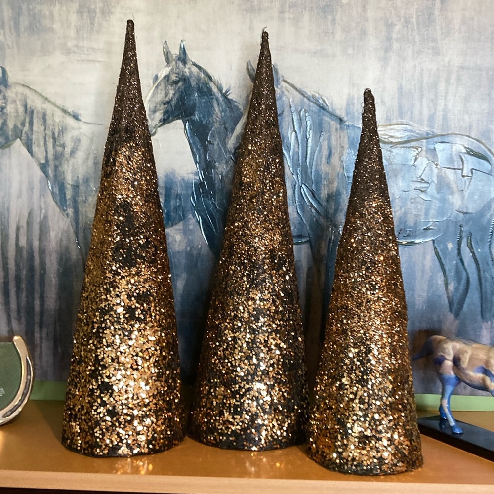 Three Gold glittered Christmas or Winter trees